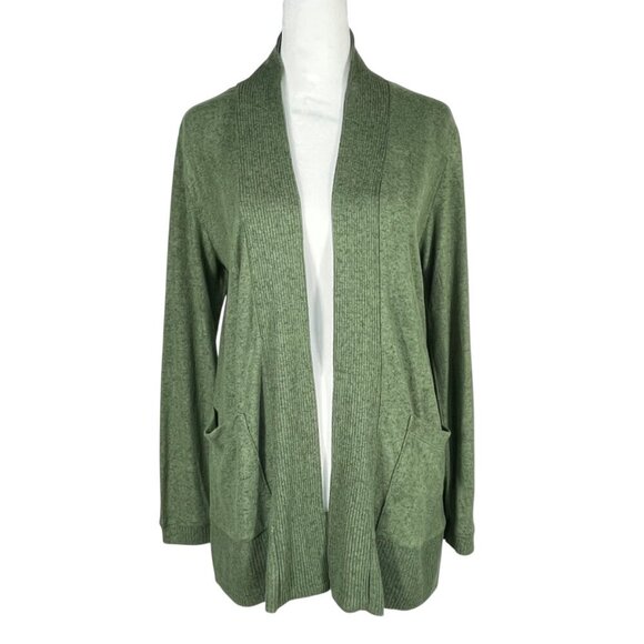 NWT Bobeau Elissa Ribbed Trim Open Front Lightweight Cardigan Petite Small Green - Picture 11 of 12